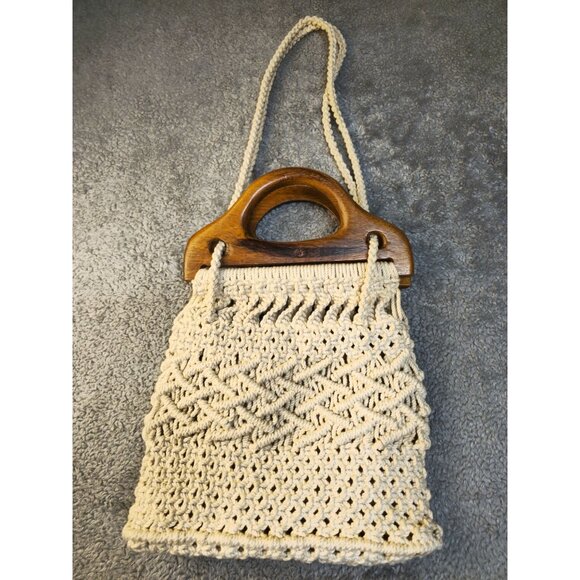 Vintage Handmade Macrame Crossbody Bag With Wooden Handles & Braided Strap - Picture 7 of 9